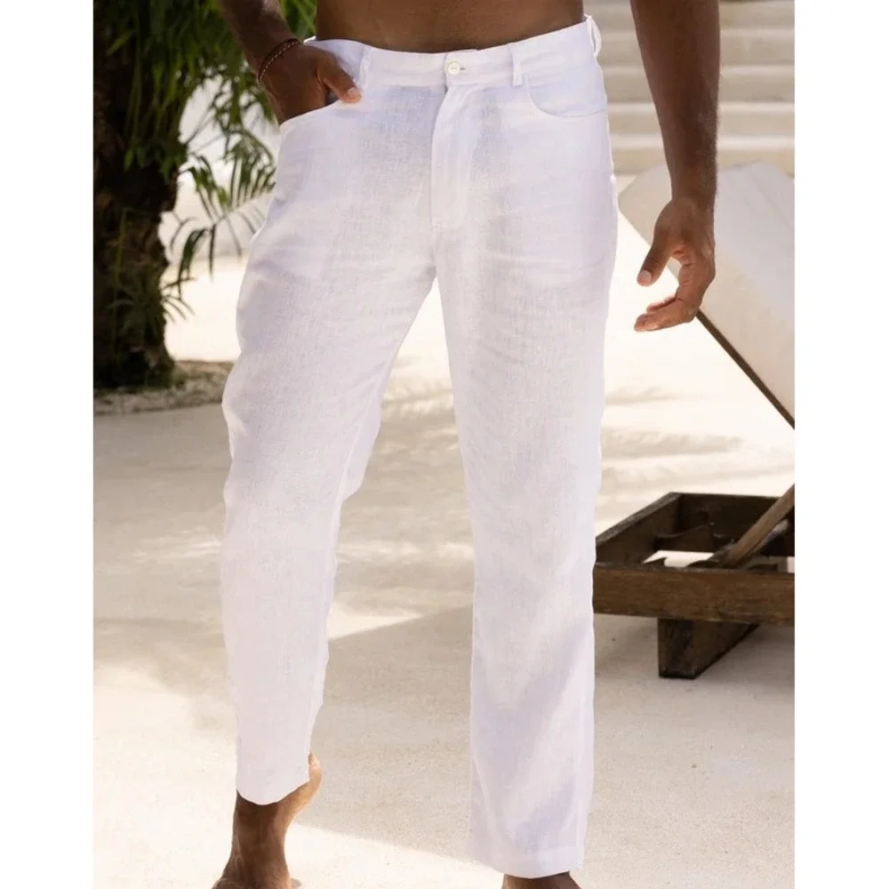 Kenny Flowers Mens XL Casa Blanca White Linen Vacation Beach Pants Bali Tropical